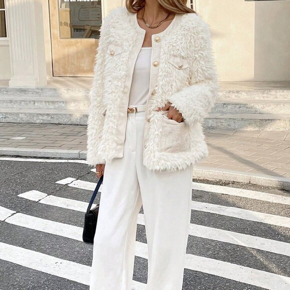 Women's Button Down Faux Fur Crew Neck Tweed Pocketed Jacket - Picture 5 of 7